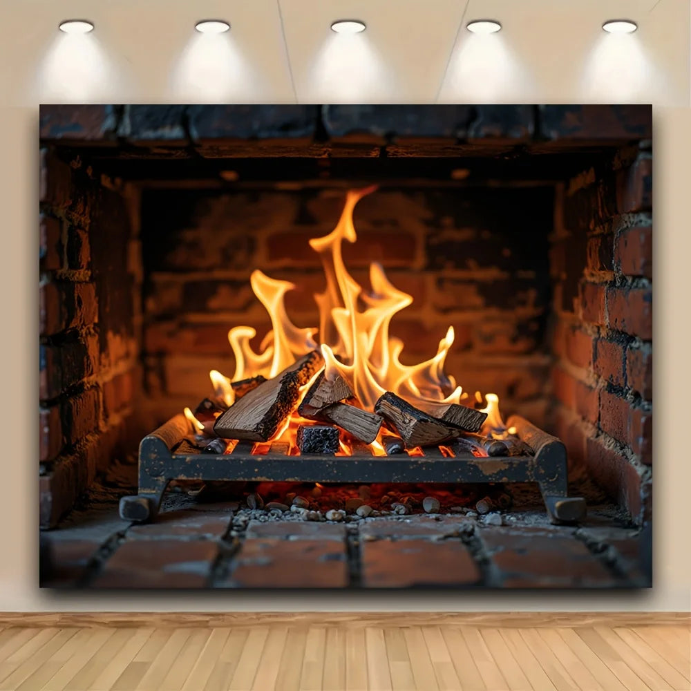 tableau mural feu cheminée noir orange réeliste brique bois meubles décoration intérieure