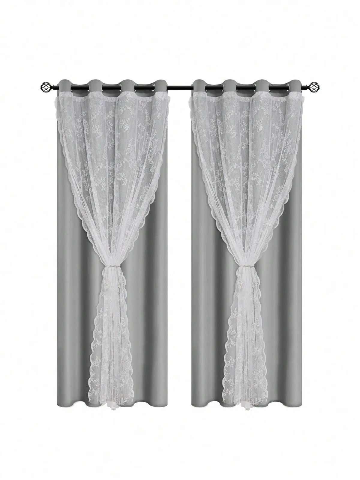rideau brodé classique polyester translucide blanc gris 100x130cm anneaux