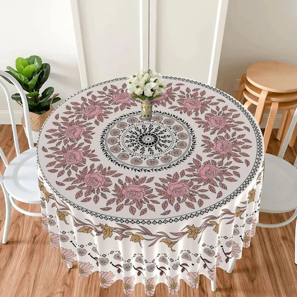 nappe ronde imperméable polyester fleurs motifs géométriques blanc rose verte bleue festive noël usage