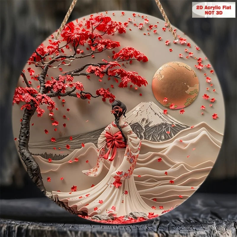 tableau mural japonais femme kimono fleurs rouge contemporain opaque cordelette 20cm 24cm 28cm 32cm
