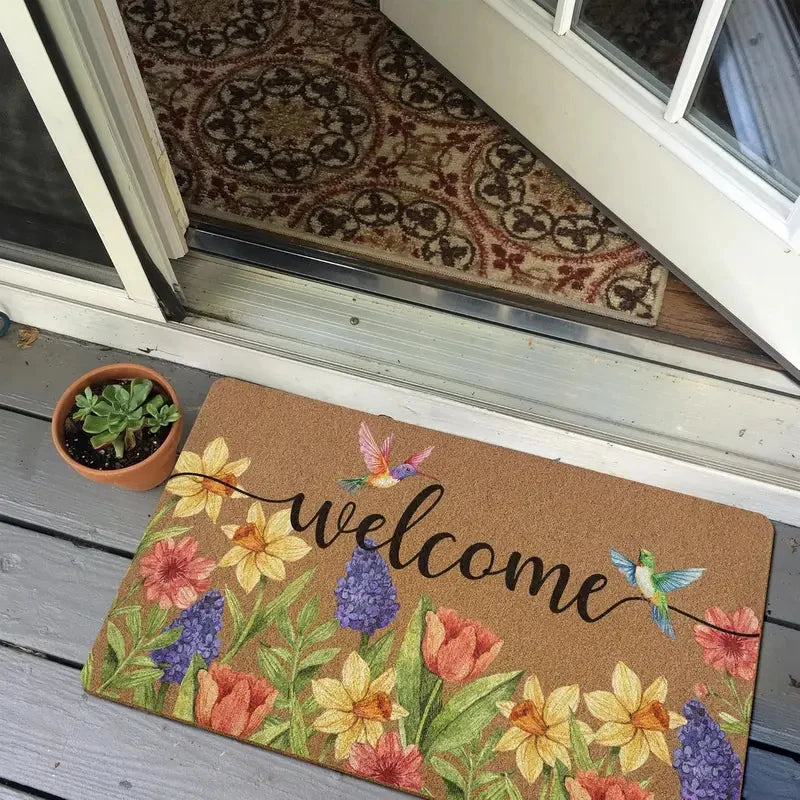 tapis d'entrée marron clair fleurs colorées résistant rides extérieur salon 50x80cm 40x60cm 30x50cm naturel