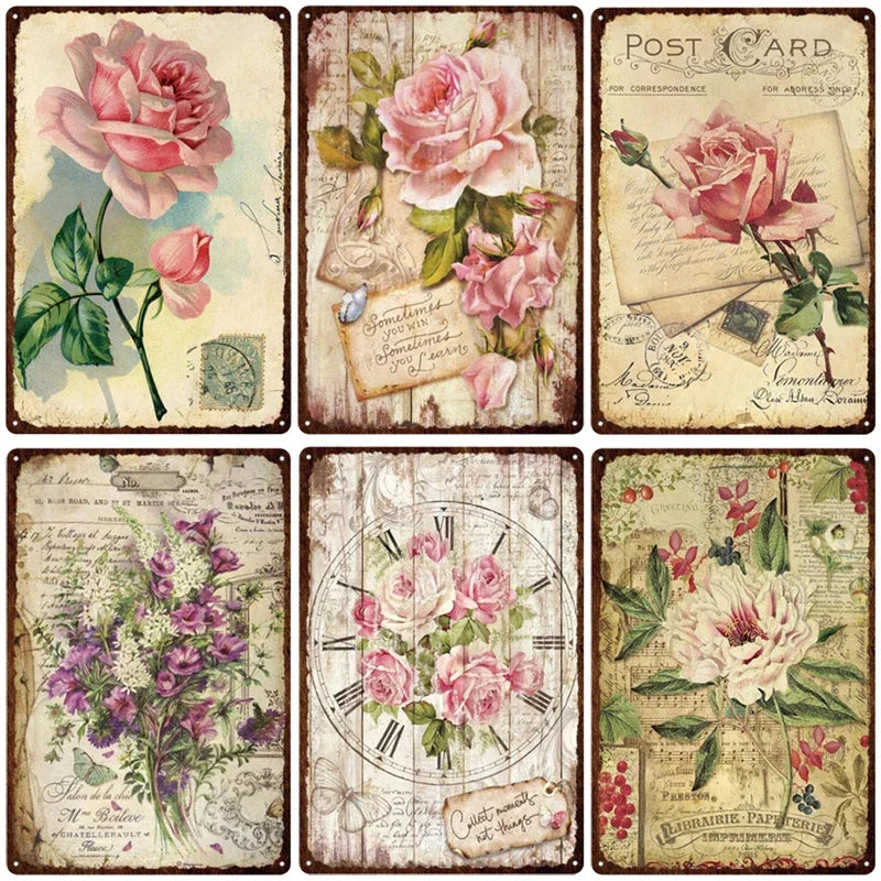 plaque décorative métal fleurs papillons vintage 20x30cm or beige blanc bleu rose violet vert