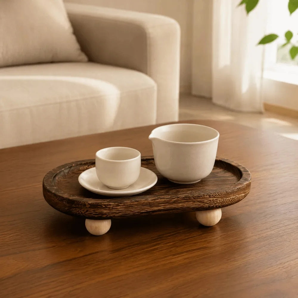 plateau bois marron rustique minimaliste pieds boules bijoux rangement parfum céramique blanc