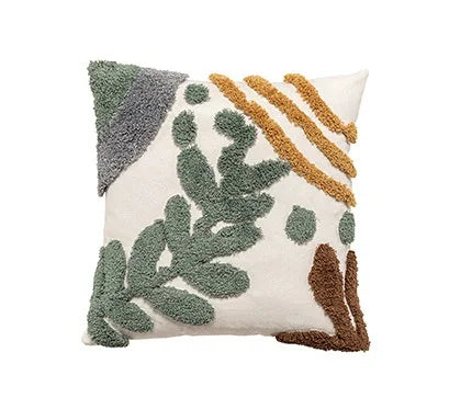 housse coussin décoratif feuilles brodées polyester coton blanc vert marron gris 30x50cm 45x45cm salon