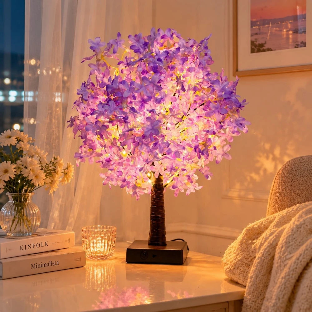 lampe arbre fleurs rose tronc noir éclairage led moderne chambre ambiance douceur 48cm base