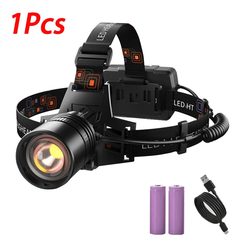 lampe frontale led rechargeable camping chasse pêche tête ceinture ajustable haute luminosité noir geometrique
