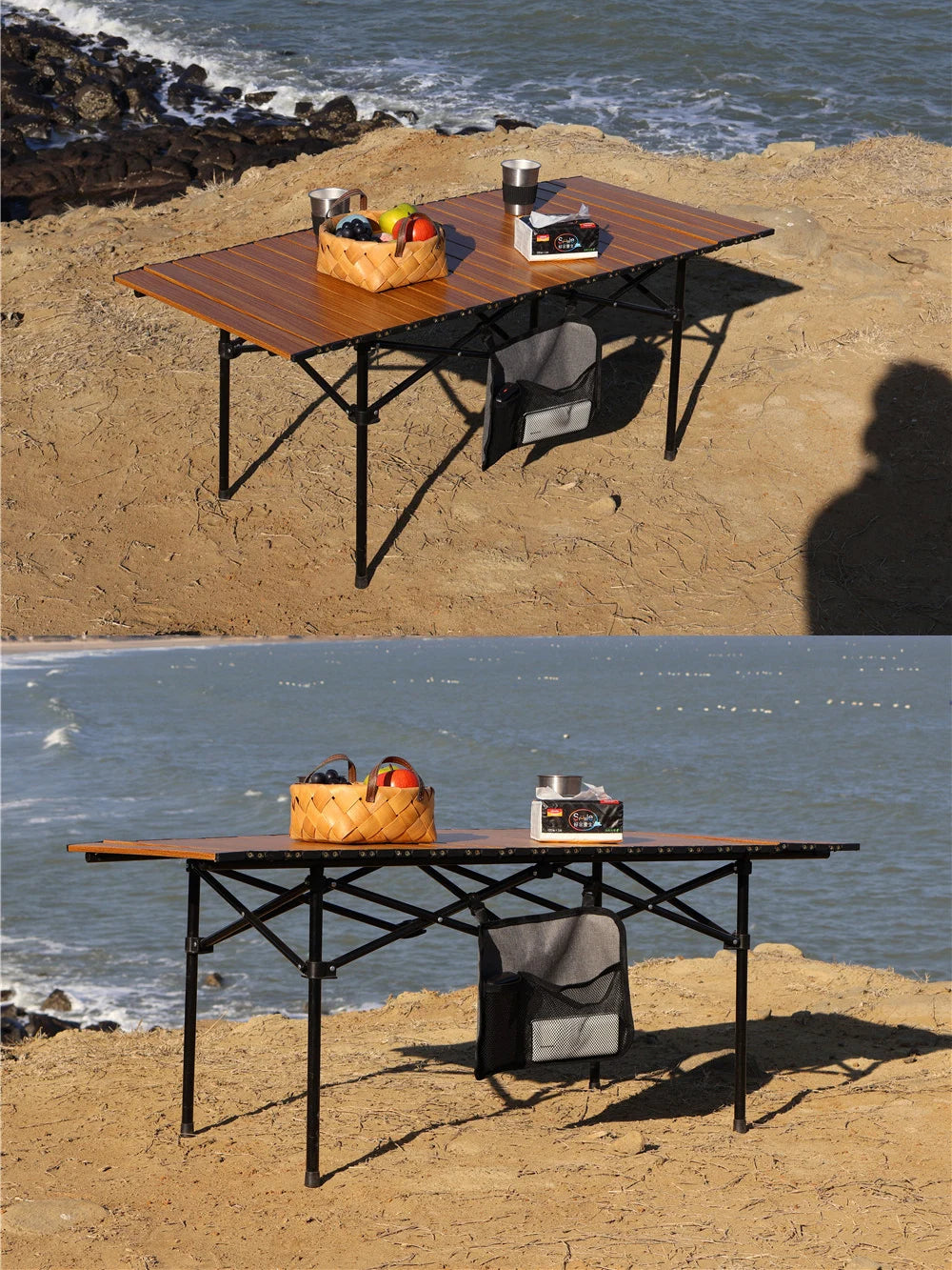 sac rangement table pliante tissu texturé gris tissu mesh noir camping utilitaire transparent