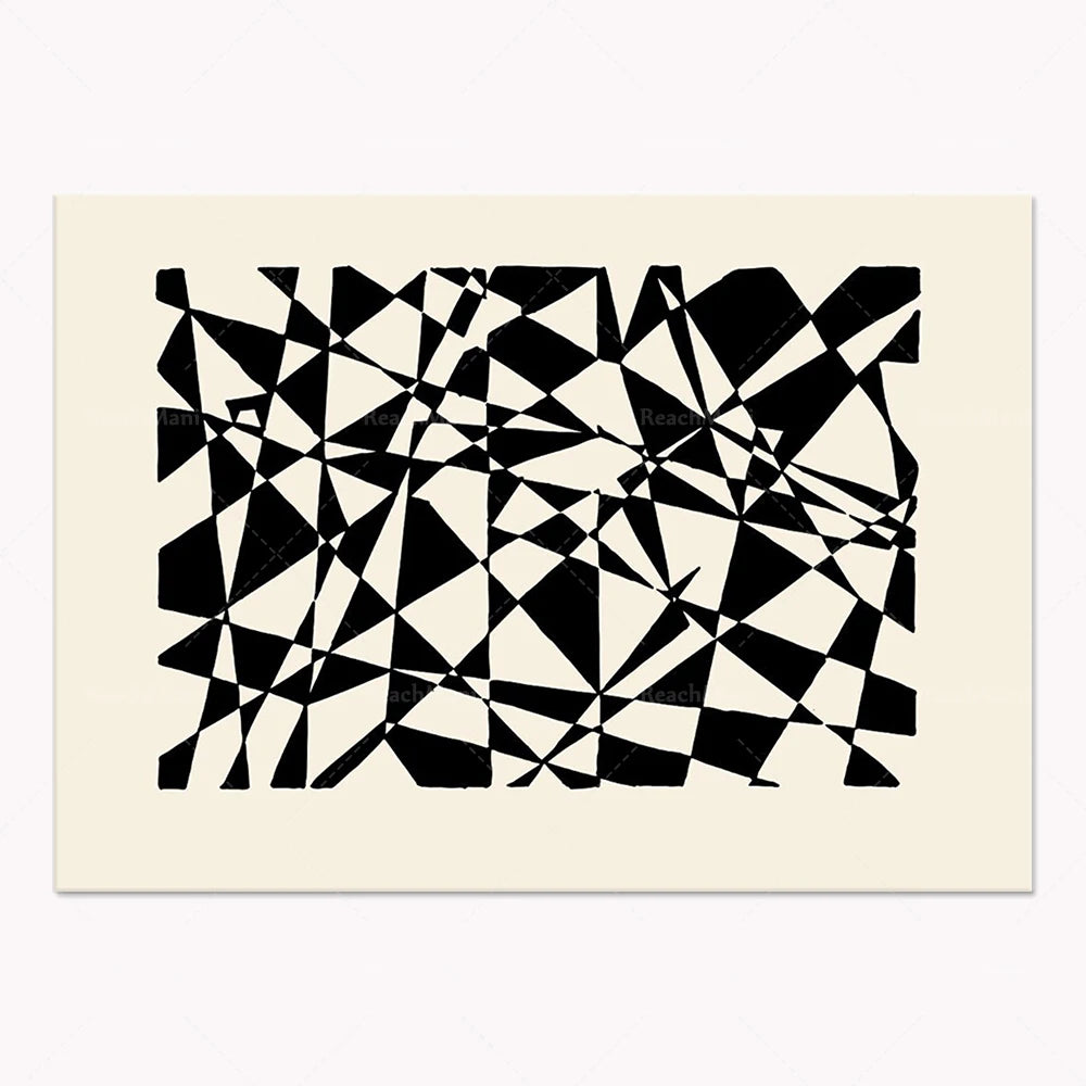 Un motif abstrait complexe composé de formes géométriques noires et blanches.