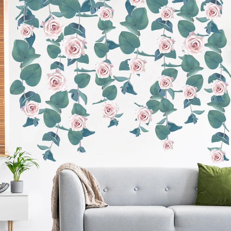 sticker mural floral feuilles vertes fleurs roses décoration intérieure moderne chambre salon autocollant pvcversible