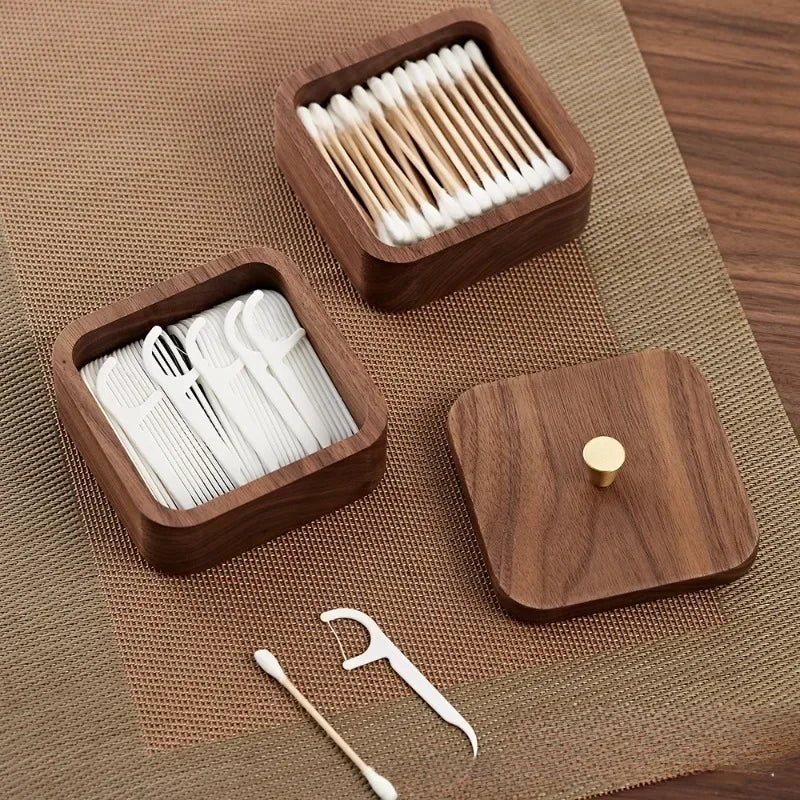 boîte rangement bois compartiments coton tige cure dents moderne minimaliste marron bouton doré