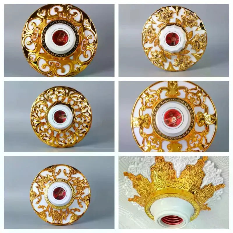 suspension lampe plaque métal blanc doré rouge ornementation florale baroque prise électrique