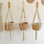 support plante suspendue macramé boho blanc beige noir artisanal anneaux métalliques pot plante