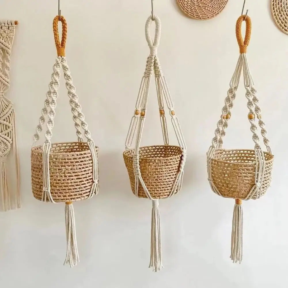 support plante suspendue macramé boho blanc beige noir artisanal anneaux métalliques pot plante
