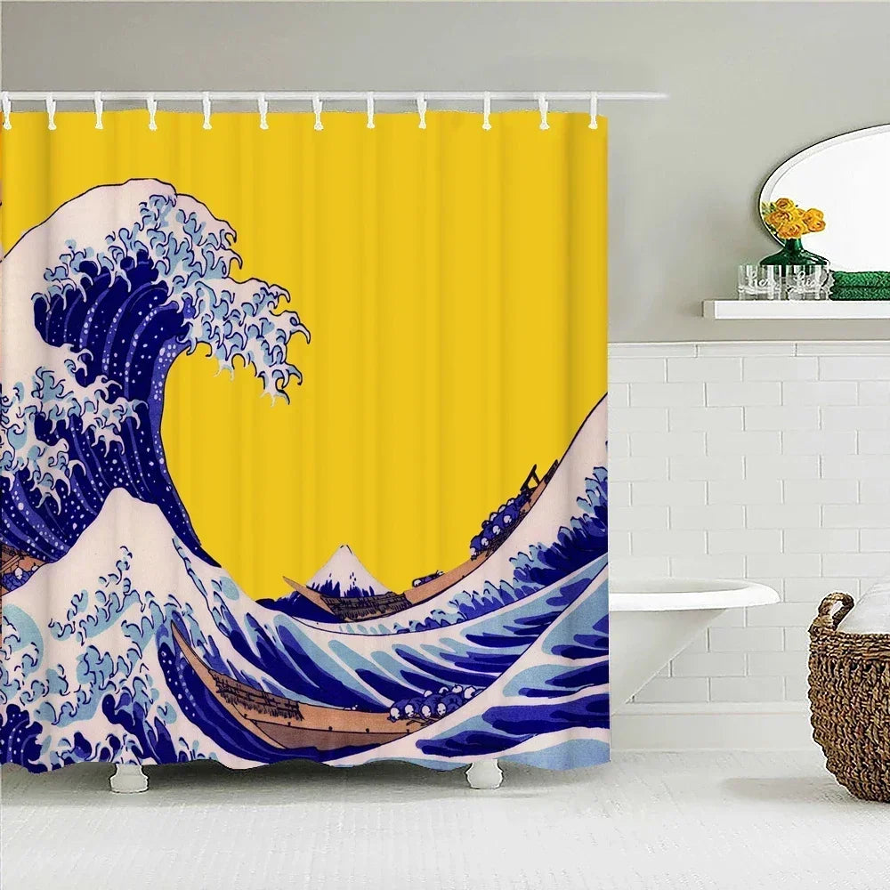 rideau douche imprimé vague japonais ourlet standard polyester opaque moderne tringle respectueux environnement