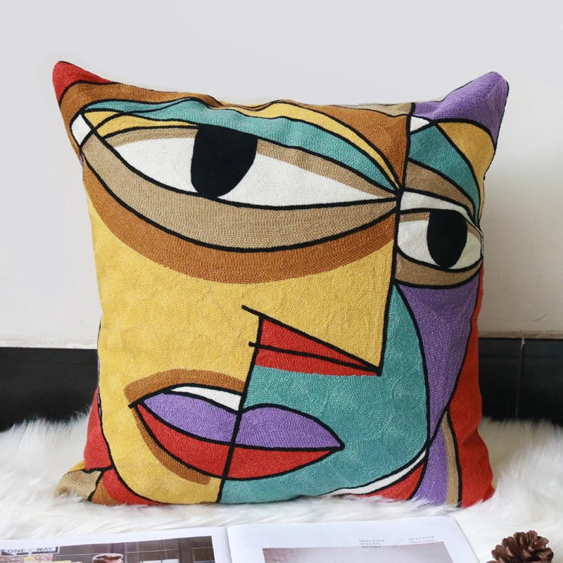 taies d'oreiller multicolores brodées motif abstrait moderne coussin décoratif carré linge coton 45x45cm