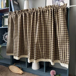 rideau marron clair carreaux gingham vintage polyester ruban dentelle cuisine chambre salon