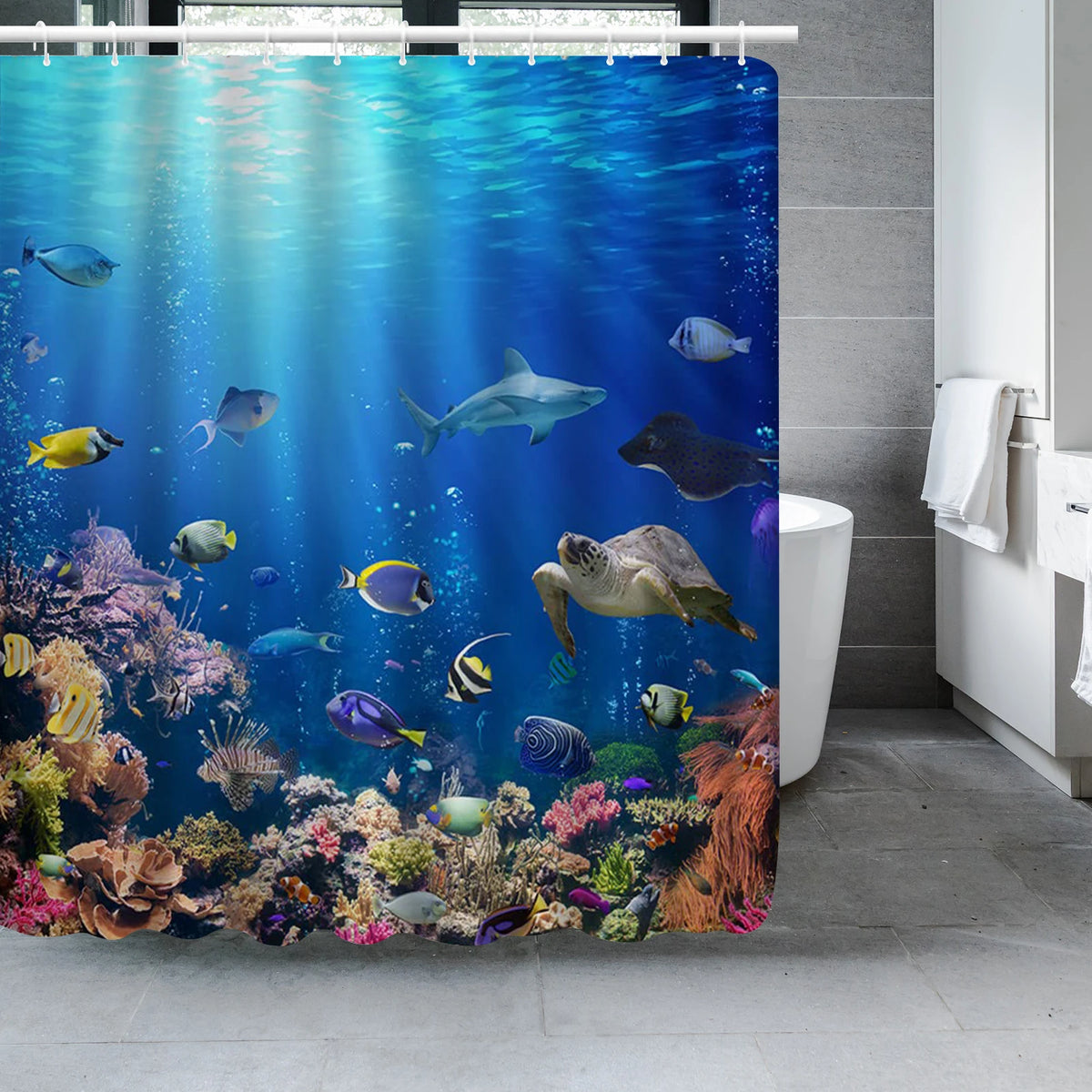 rideau douche dauphins sous marin polyester moderne 12 crochets poisson corail enfant océan bleu
