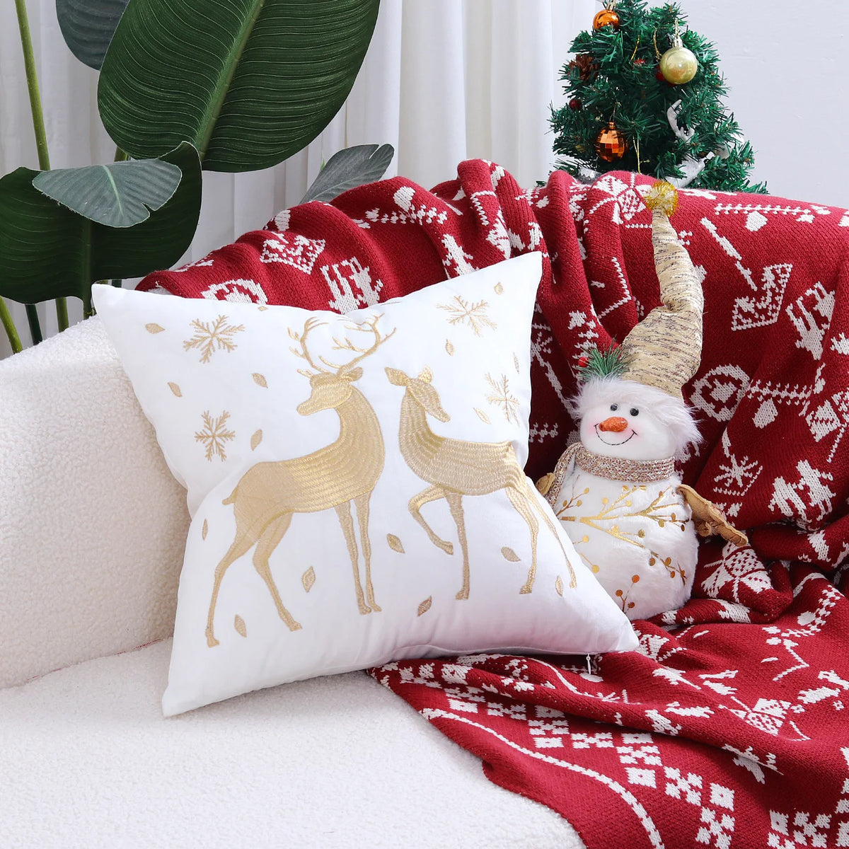 housses coussin noël arbre flocon doré blanc decoration maison car sofa 45x45cm handwash confort