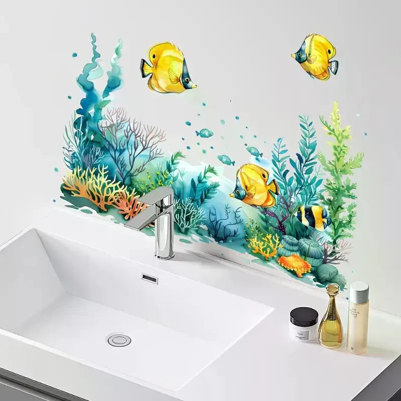 sticker mural poissons océan coraux algues adhésif salle bain résistant eau bleu vert jaune