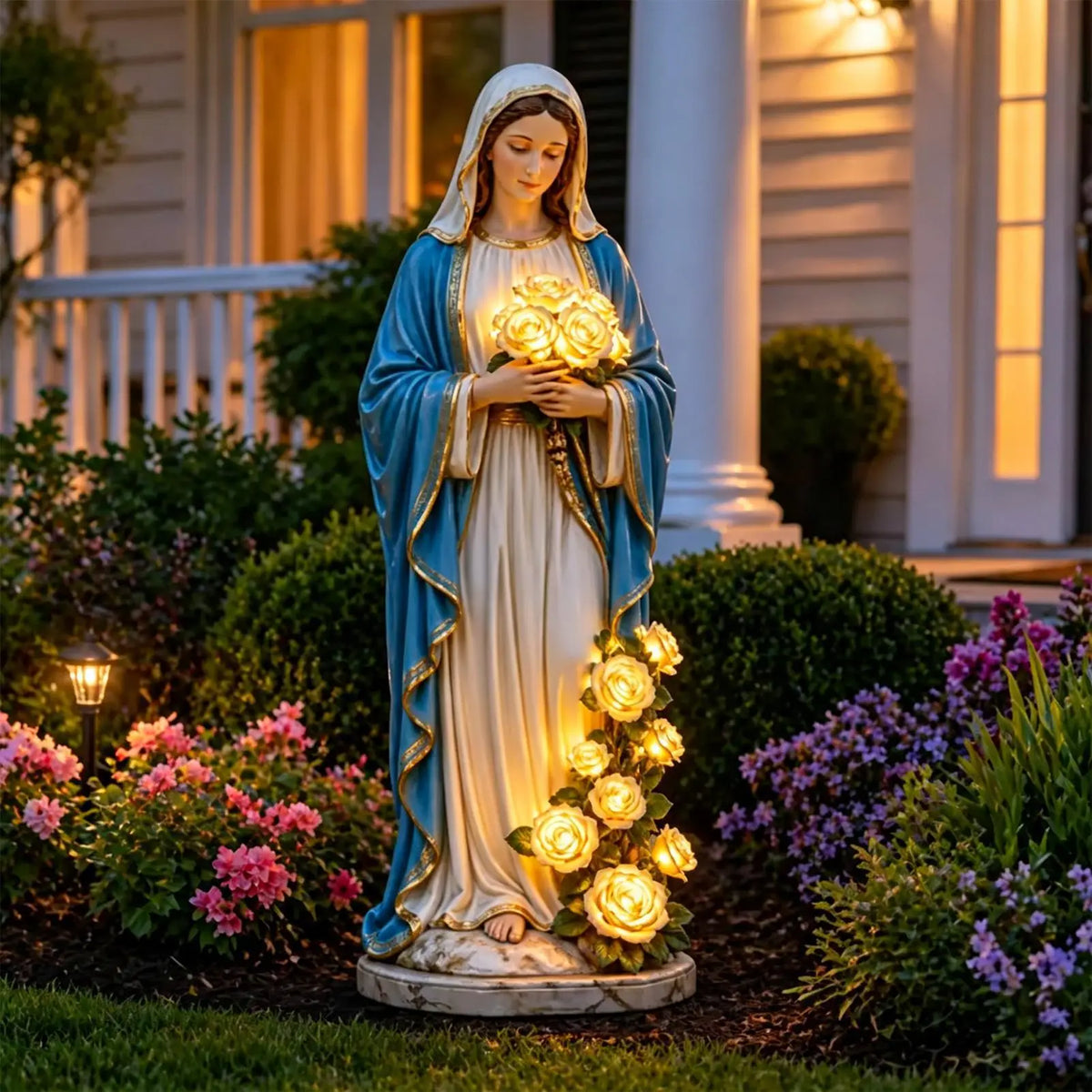 statue vierge marie roses lumineuses led jardin fleuries exterieur decoratif