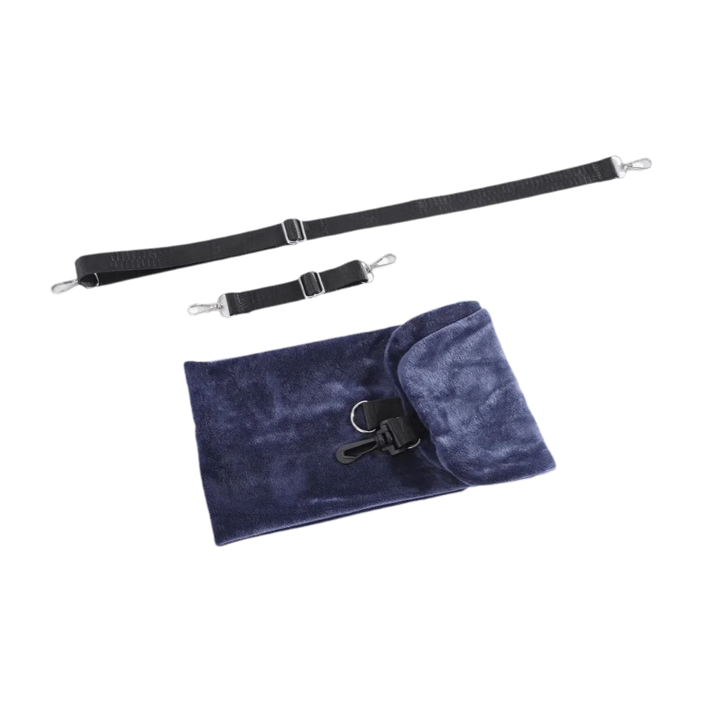 coussin voyage velours gris bleu confortable ergonomique ceinture sécurité sac rangement polyester coton
