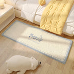 Tapis de sol lavable dans une chambre à coucher de style nordique, avec des motifs floraux et des tons crème et bleutés.