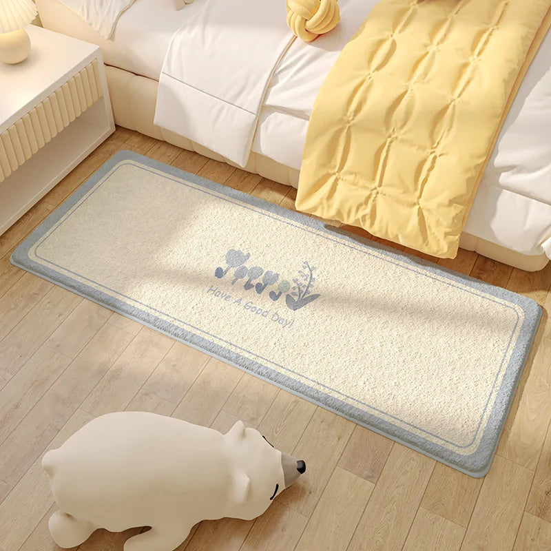 Tapis de sol lavable dans une chambre à coucher de style nordique, avec des motifs floraux et des tons crème et bleutés.