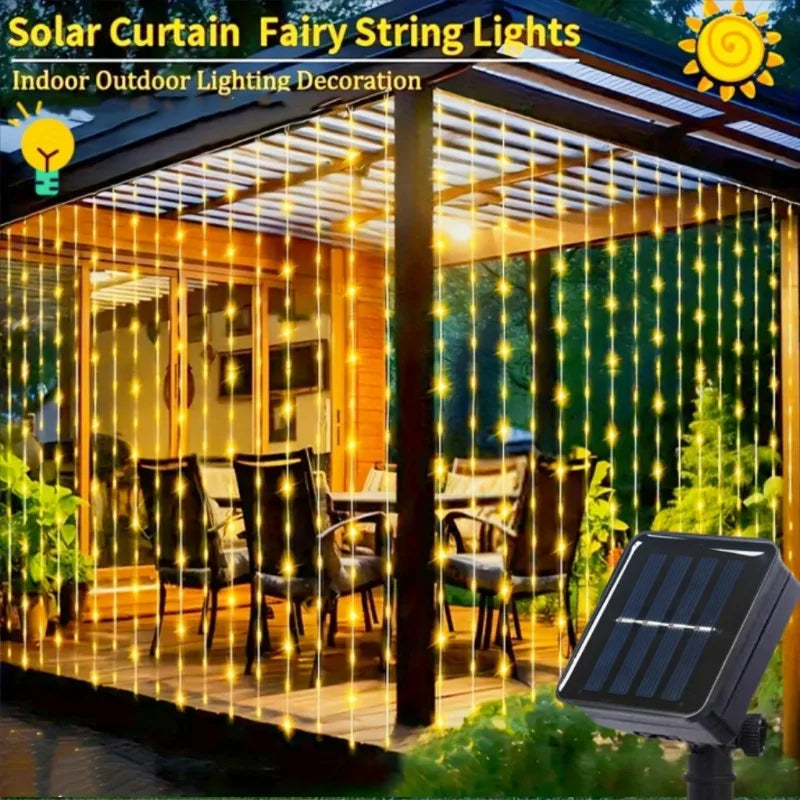 rideau lumineux solaire 100 200 300 led jaune blanc multicolore modes décoration patioextérieur
