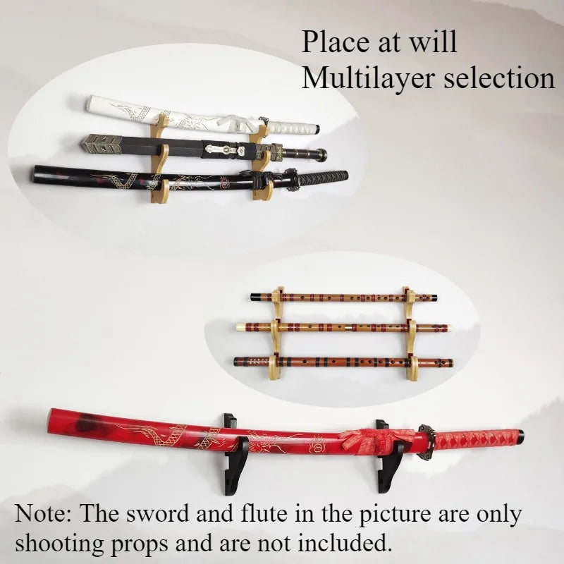 supports muraux épées décoration asiatique traditionnelle samouraï dragons fleurs multiples niveaux bois clair noir