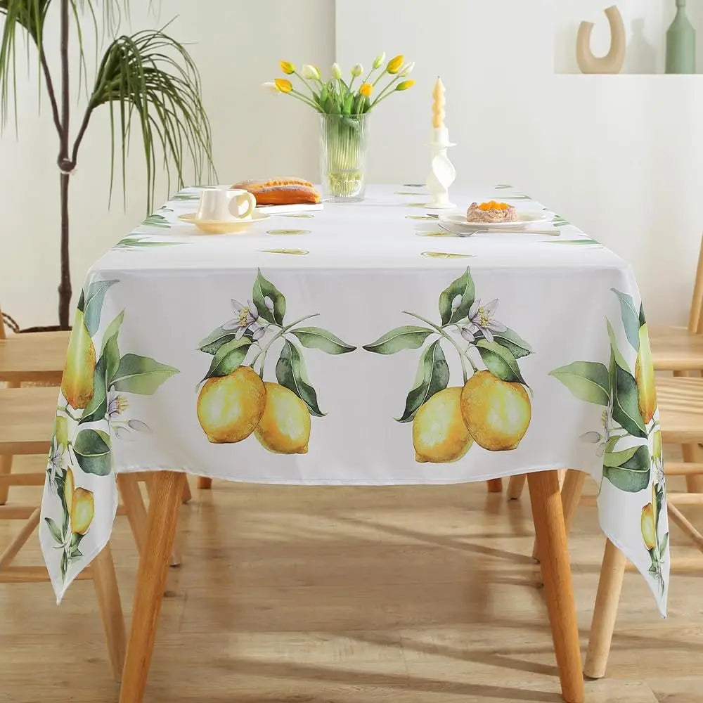 nappe imperméable citron feuilles vertes fond blanc moderne printemps été rectangle réutilisable polyester maison