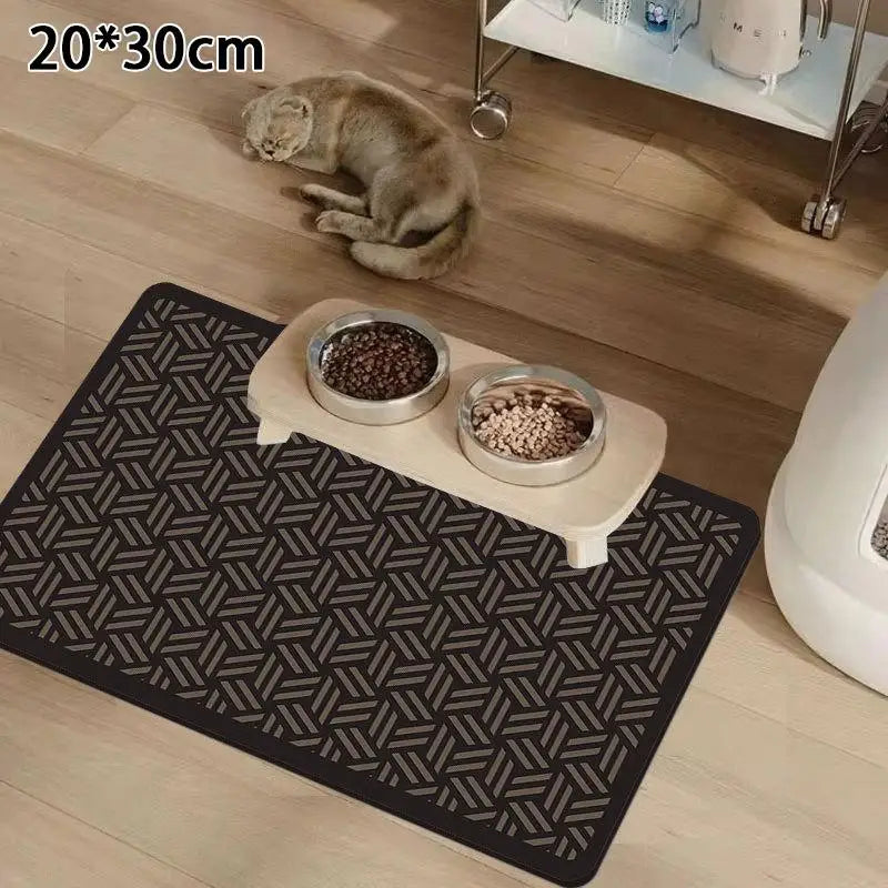 tapis nourrir animal blanc gris motif géométrique moderne anti dérapant deux bols métal