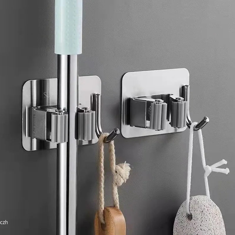 porte mop argenté support mural adhésif modernes rangement cuisine salle bain móc éponge minimaliste