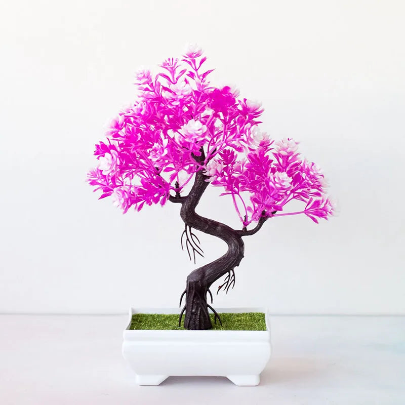plantes artificielles bonsaï rouge vert rose fleurs simples feuilles fines pot gravier décoration extérieur