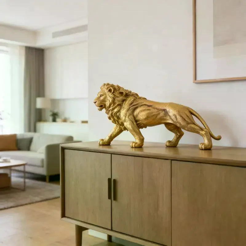statue lion dorée résine décorative maison chambre salon réaliste détaillée pelage épais ornement sculptural