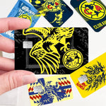 sticker autocollant cartes bancaires club américa dessin animé oiseau stylisé waterproof réutilisable bleu jaune