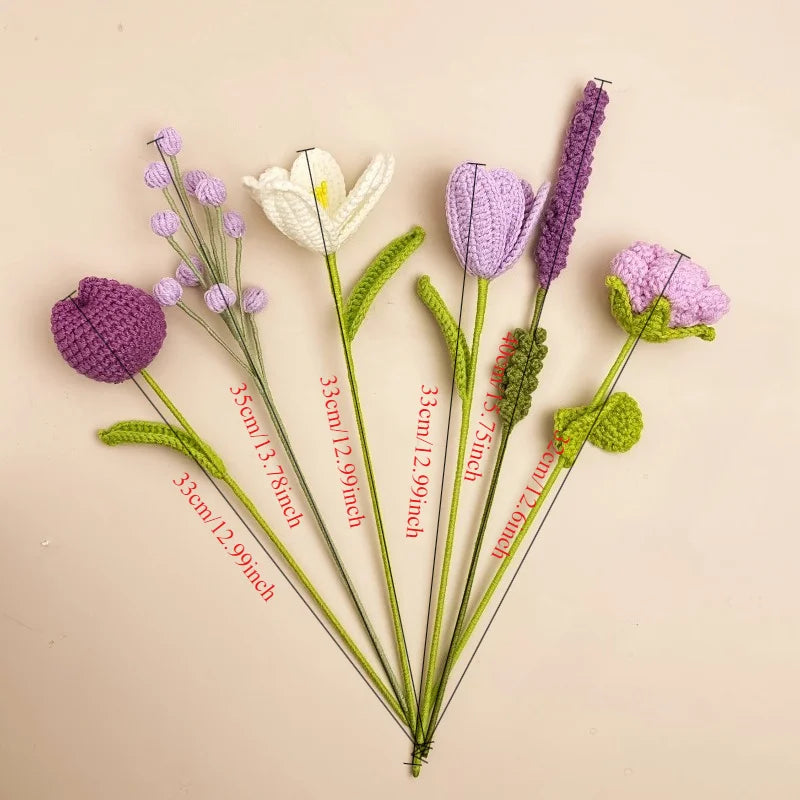 fleurs artificielles tricotées violettes blanches vertes décoration maison saint valentin anniversaire mariage tricot artisanalintérieur