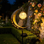 lampe solaire décorative or lune étoiles hibou verre translucide patio jardin artisanal rustiqueextérieur fixepiquemétallique