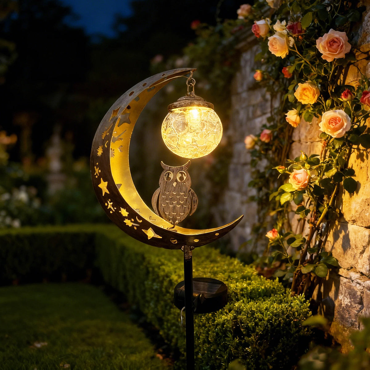 lampe solaire décorative or lune étoiles hibou verre translucide patio jardin artisanal rustiqueextérieur fixepiquemétallique