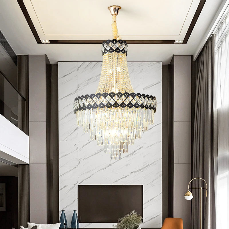 lustre cristal luxe doré noir moderne suspension salon élégant grand luminaire intérieur luxe