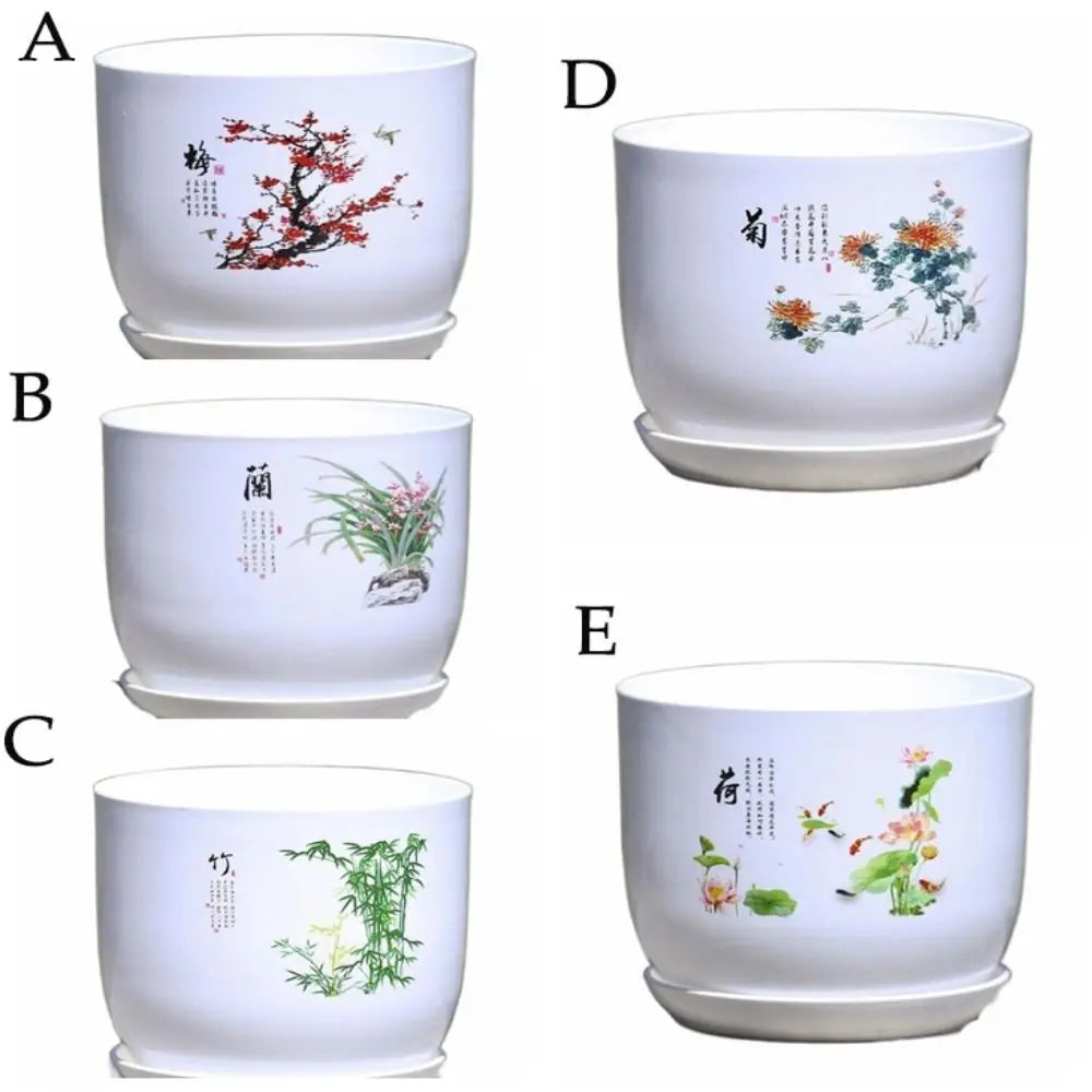 grand pot fleurs blanc résine plateau motif floral chinois jardin
