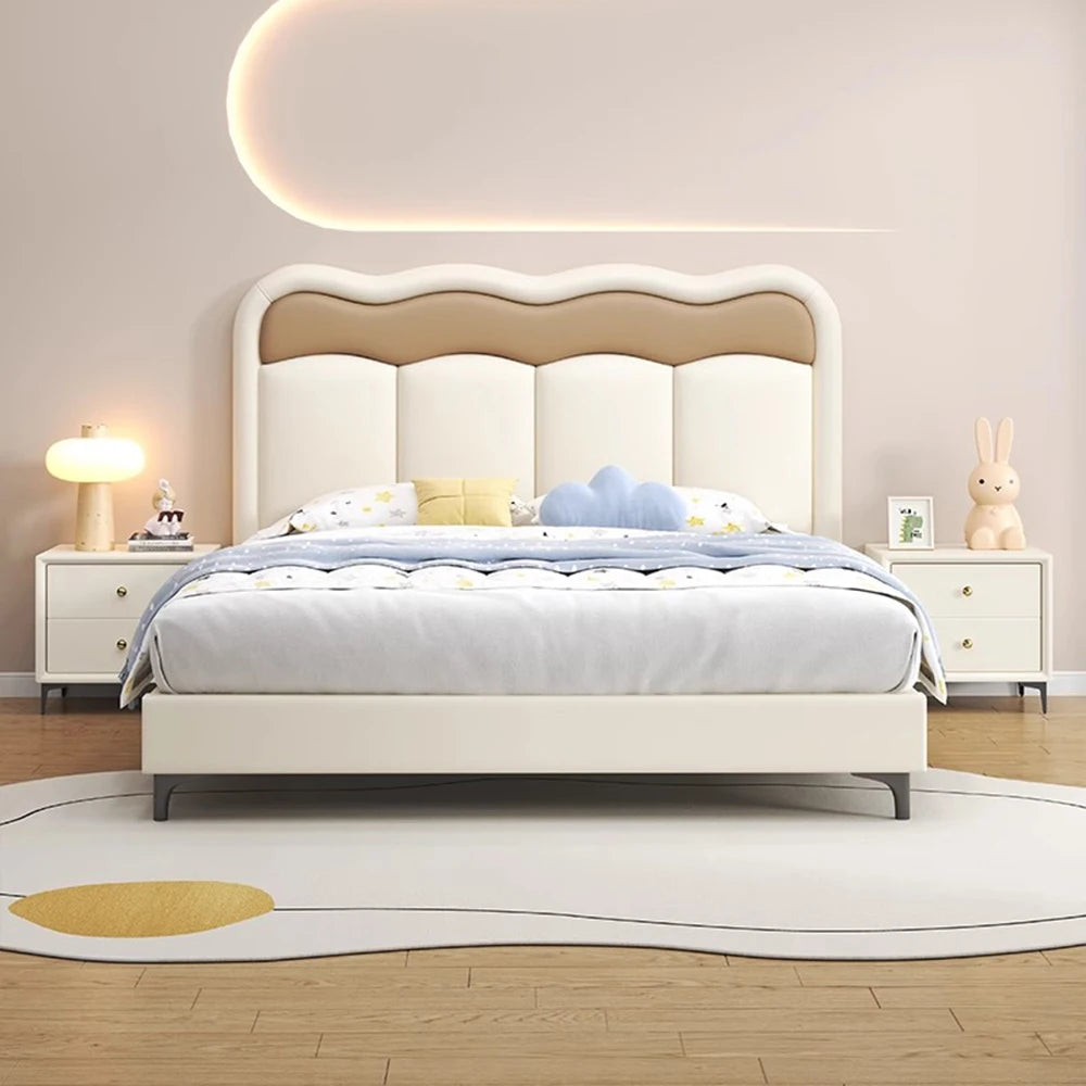 lit double moderne beige simili cuir oreiller coussin blanc dimensions 120x200cm