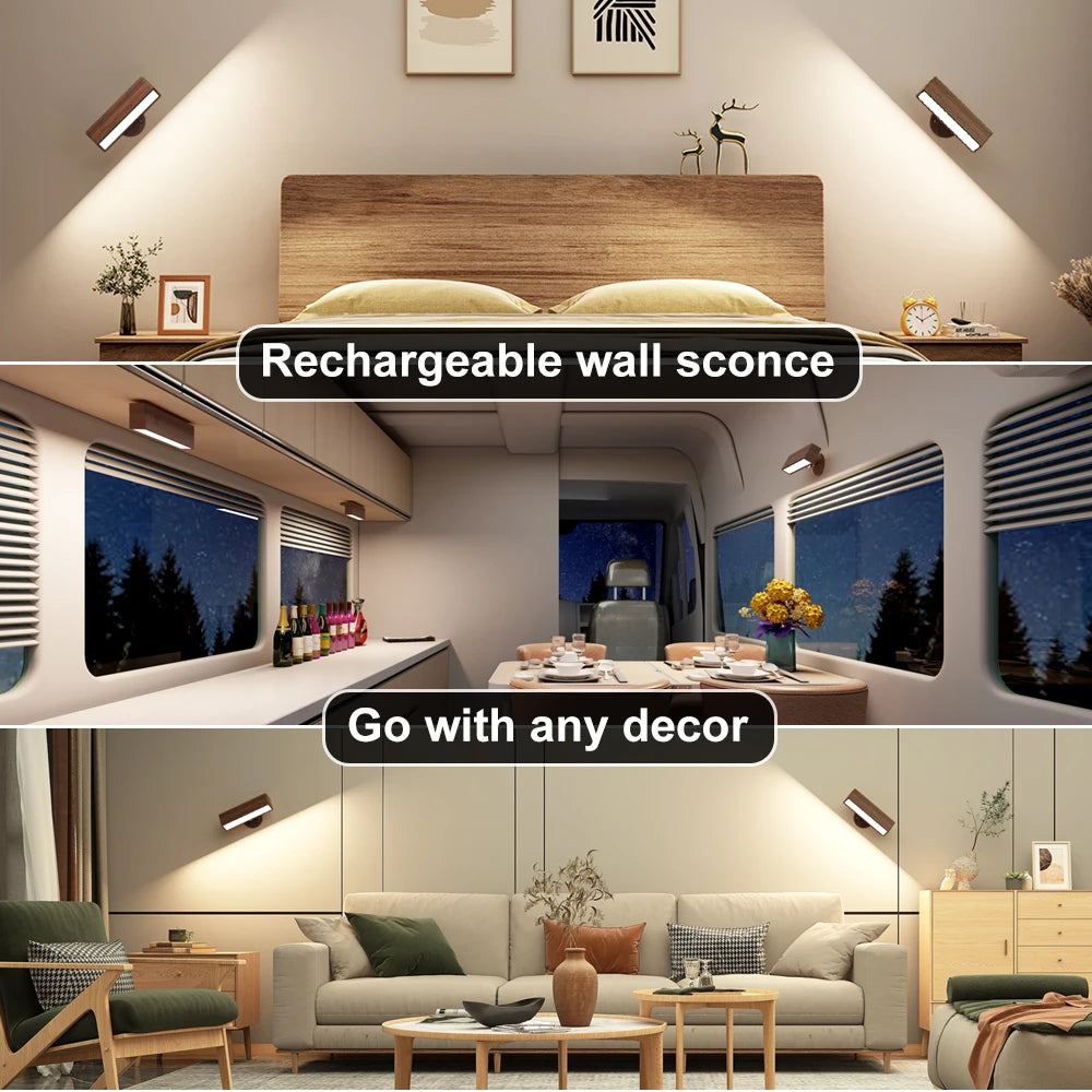 applique murale led rechargeable bois noyer grain naturel minimaliste aimant adhésif vis chargeur usb