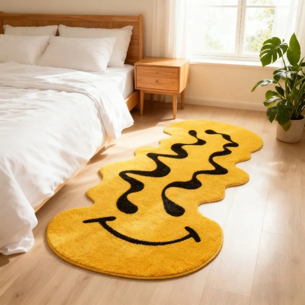 tapis jaune noir visage souriant moderne laine épaisse antidérapant résistant intérieur extérieur plage