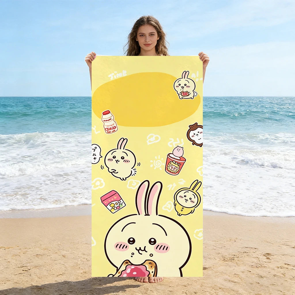 serviette plage dessins animés jaune clair séchage rapide absorption rapide motifs lapins coton polyester