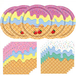 assiettes jetables serviettes gobelets nappe confettis glace vanille fraise anniversaire enfant été festive