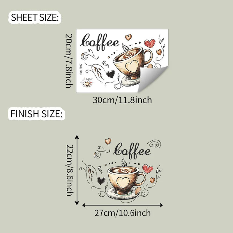 autocollants muraux tasse cœur coffee floral dessin animé vintage salle cuisine bureauDecoration DIY stickers