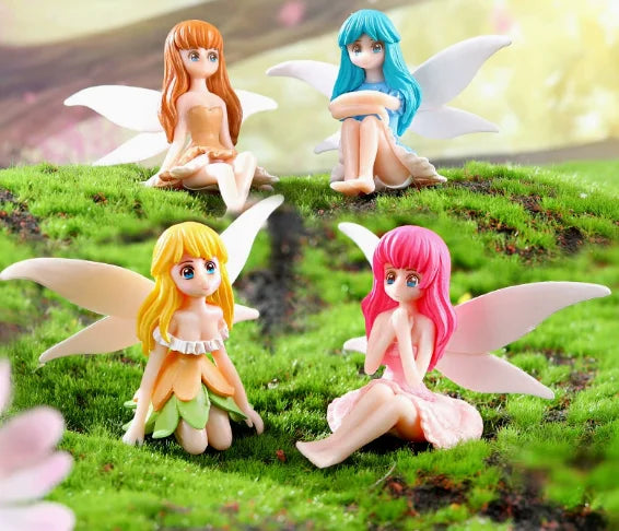 figurines fées résine vert rose bleu violet fantaisie enfantine salon décoration artisanale pasteurale papillons
