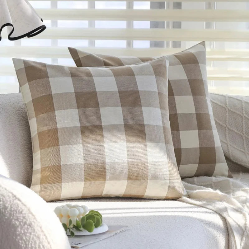 housses coussin carreaux beige blanc rustique imperméable respectueux environnement farmhouse 45x45cm 18x18inch garnissage