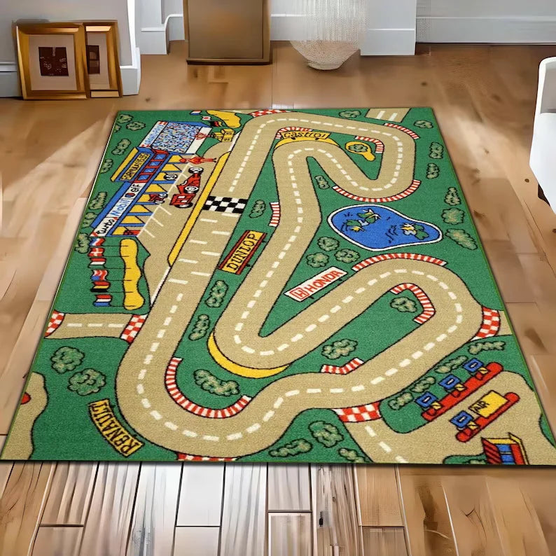 tapis urbain enfants voitures routes bâtiments moderne polypropylène vert gris blanc