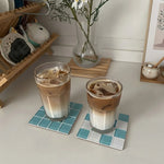 coasters verre résistant chaleur carreaux géométriques couleur rouge vert beige bleu noir jaune rose